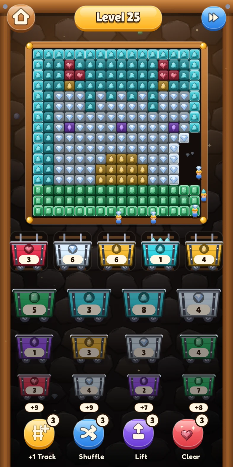 A level: gem wall, tracks and mine carts